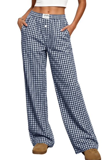 UVN Pants for Women Gingham Wide Leg Casual Lounge Bottoms Ladies Trousers with Pocket