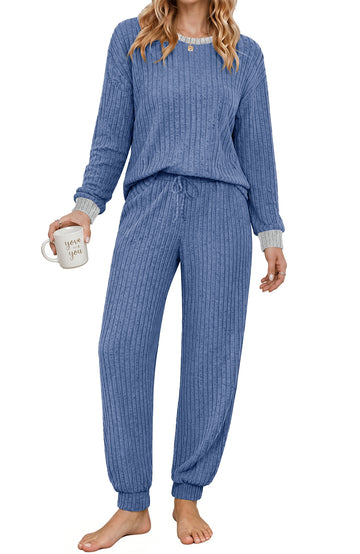 UVN Womens Pajama Set Two Piece Color-blocked Long Sleeve Top and Long Pants Ladies Fall Matching Oufits Casual Loungewear