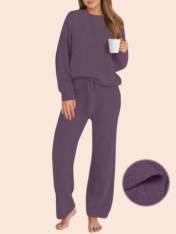UVN Winter Pajama for Women Sweater Set Ladies Crewneck Tops and Long Pants Warm 2 Piece Loungewear