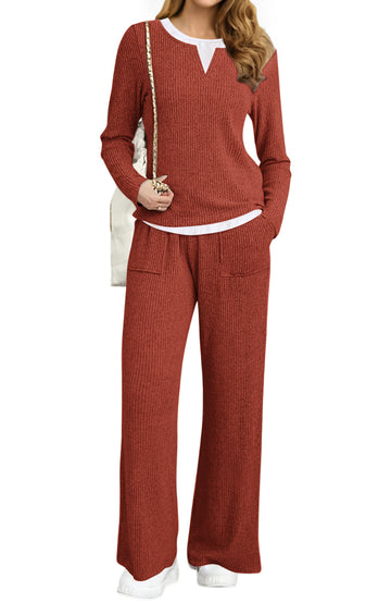 UVN Fall Matching Set for Women Color Block Tops and Wide Leg Pants Ladies Sweatsuit Casual 2 Peice Set