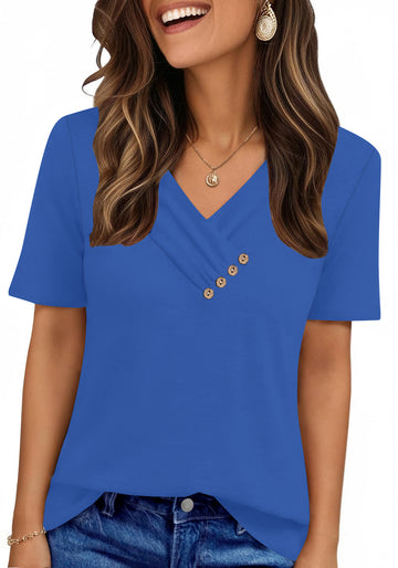 UVN Blouses for Women Summer Short Sleeve V Neck Button Shirts Dressy Casual Business Tunic Tops