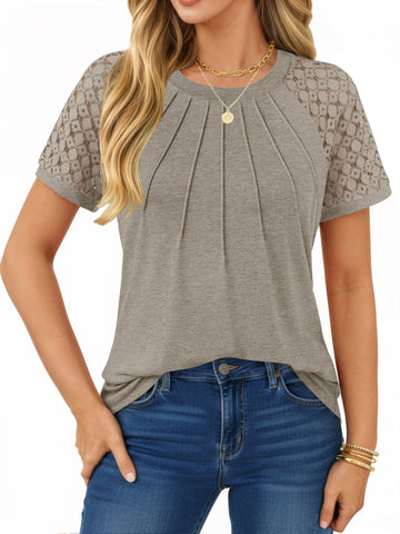 UVN Blouses for Women Short Sleeve Lace Tops Summer Casual Crewneck Pleated Shirts