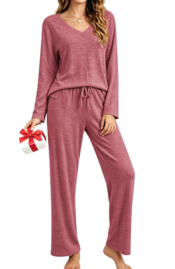 UVN Fall Womens Pajama Set 2 Piece Long Sleeve V Neck Top and Wide Leg Pant Ladies Soft Matching Lounge Set with Pockets