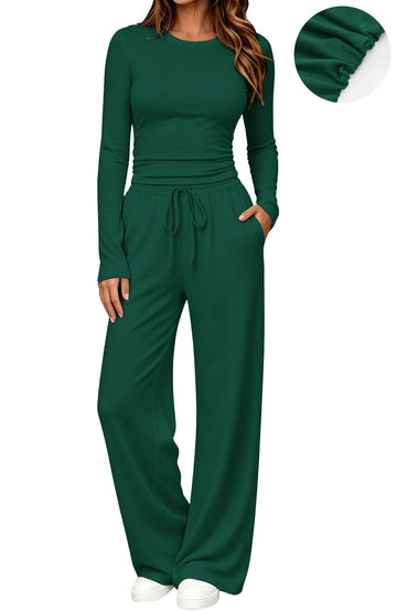 UVN Winter Womens 2 Piece Outfit Sets Ruched Long Sleeve Top and Wide Leg Pants Casual Loungewear Ladies Workout Sets