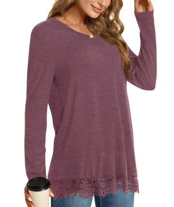 UVN Fall Tops for Women Long Sleeve Lace Trim V Neck Blouses Dressy Casual A Line Tunic Shirts