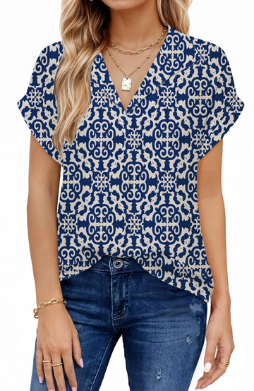 UVN Blouses for Women Summer Short Sleeve Work Shirts Dressy Casual V Neck Print Tops