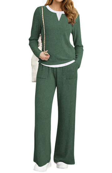 UVN Fall Matching Set for Women Color Block Tops and Wide Leg Pants Ladies Sweatsuit Casual 2 Peice Set