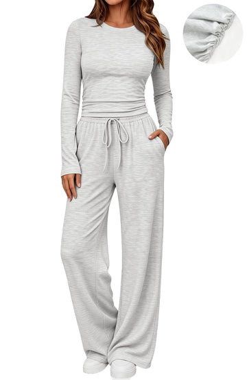 UVN Winter Womens 2 Piece Outfit Sets Ruched Long Sleeve Top and Wide Leg Pants Casual Loungewear Ladies Workout Sets