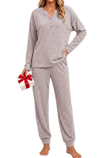 UVN Pajamas Sets for Women Long Sleeve Henley Neck Tops and Pants Two Piece Outfits Fall Winter Casual Sleepwear Pjs Lounge Sets