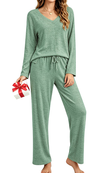 UVN Fall Womens Pajama Set 2 Piece Long Sleeve V Neck Top and Wide Leg Pant Ladies Soft Matching Lounge Set with Pockets