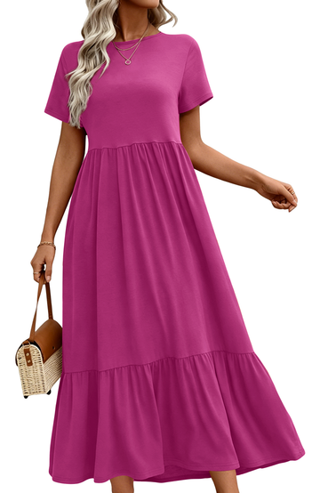 UVN Long Dresses for Women Summer Short Sleeve Casual Crewneck Maxi Dress with Pockets