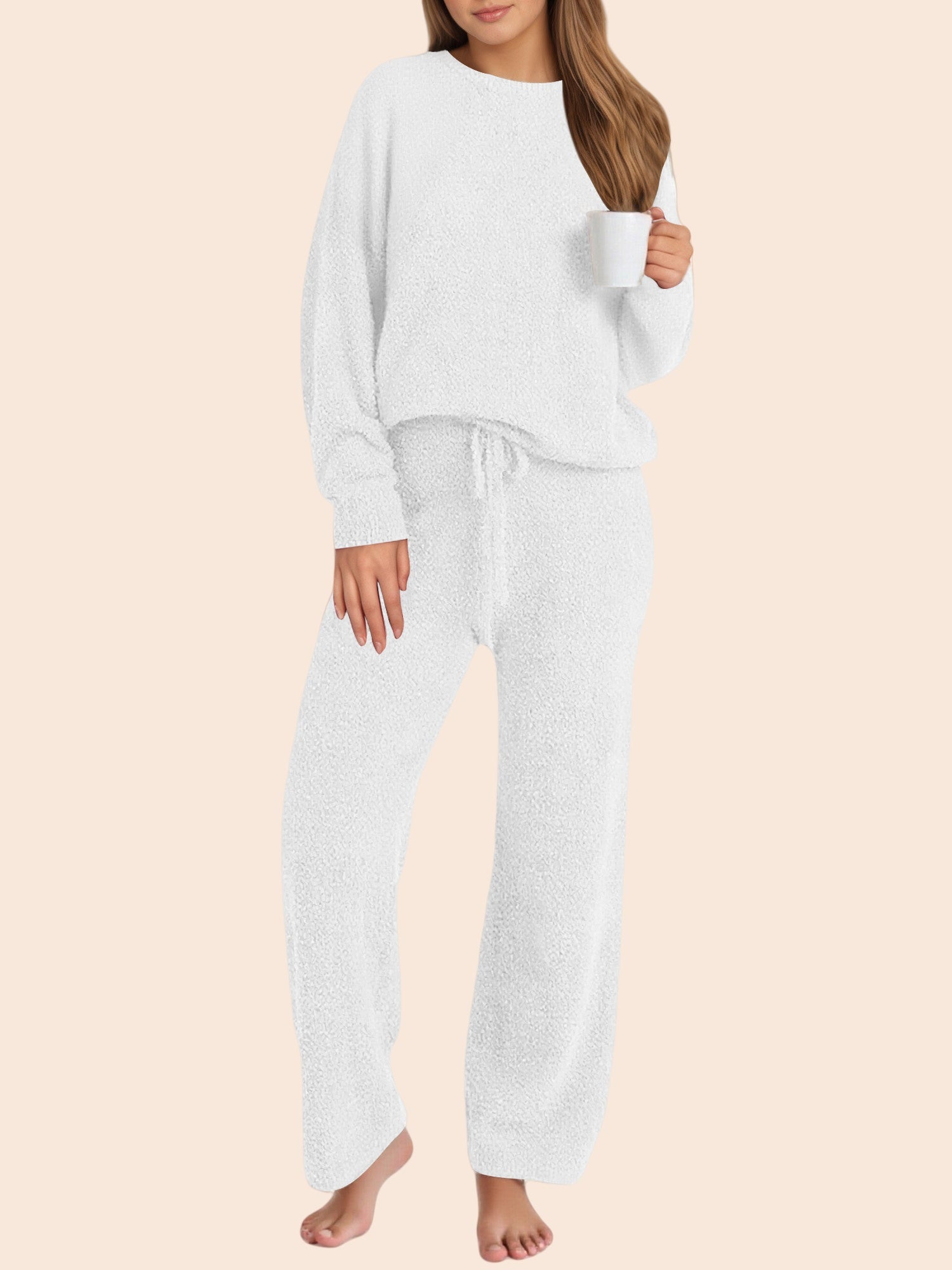 UVN Winter Pajama for Women Sweater Set Ladies Crewneck Tops and Long Pants Warm 2 Piece Loungewear