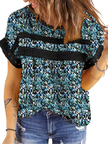 UVN Summer Womens Blouse Shirts Crewneck Lace Crochet Tops Short Sleeve Shirts Casual Chiffon Blouses