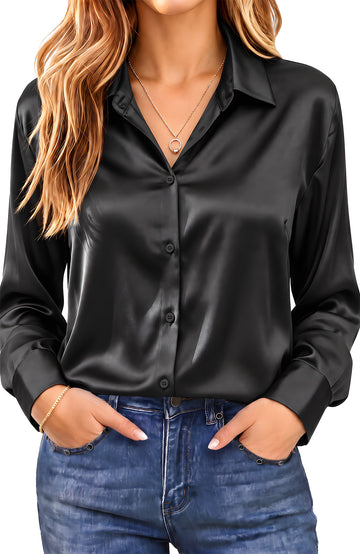 UVN Shirts for Women Long Sleeve Satin Blouses Button Down Ladies Casual Top