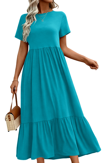 UVN Long Dresses for Women Summer Short Sleeve Casual Crewneck Maxi Dress with Pockets