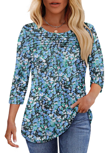 UVN Women Tunic Tops Summer 3/4 Length Sleeve Blouses Casual Crewneck Shirt Pleated Loose Tops
