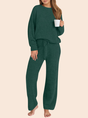 UVN Winter Pajama for Women Sweater Set Ladies Crewneck Tops and Long Pants Warm 2 Piece Loungewear