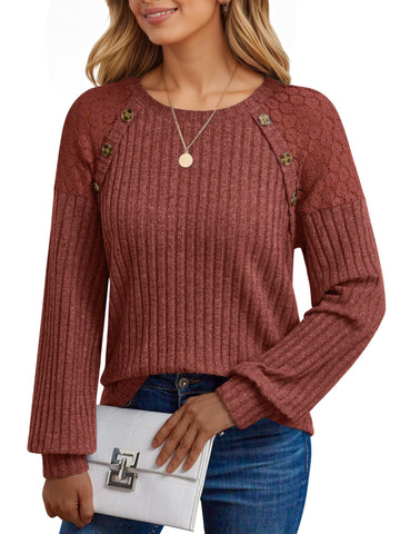 UVN Blouses for Women Casual Long Sleeve Shirts Dressy Hollow Out Lace Button Tops Fall Lightweight Pullover