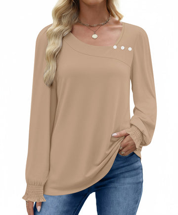 UVN Fall Square Neck Tops for Women Long Sleeve Blouse Ladies Dressy Button Shirts