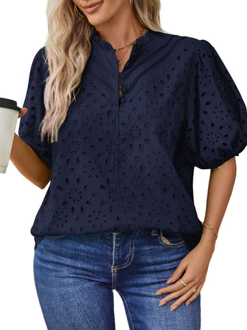 UVN Summer Blouses for Women Short Sleeve Shirts Ladies Hollow Out Lace Blouse V Neck Dressy Casual Tops