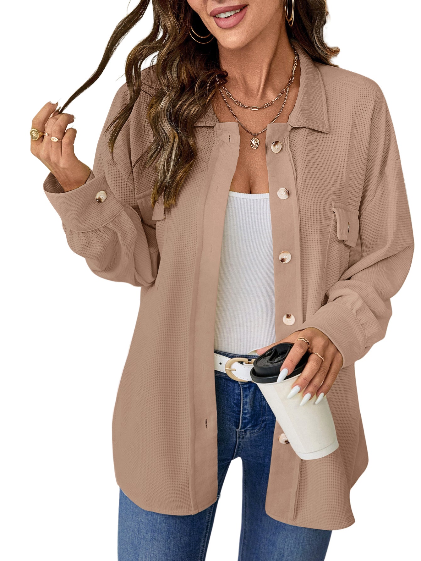 UVN Womens Shacket Jacket Waffle Shirts Long Sleeve Button Down Boyfriend Shirt Coats Side elastic thread Tops