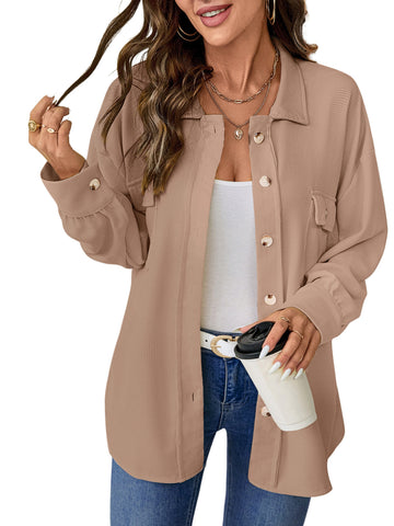 UVN Womens Shacket Jacket Waffle Shirts Long Sleeve Button Down Boyfriend Shirt Coats Side elastic thread Tops