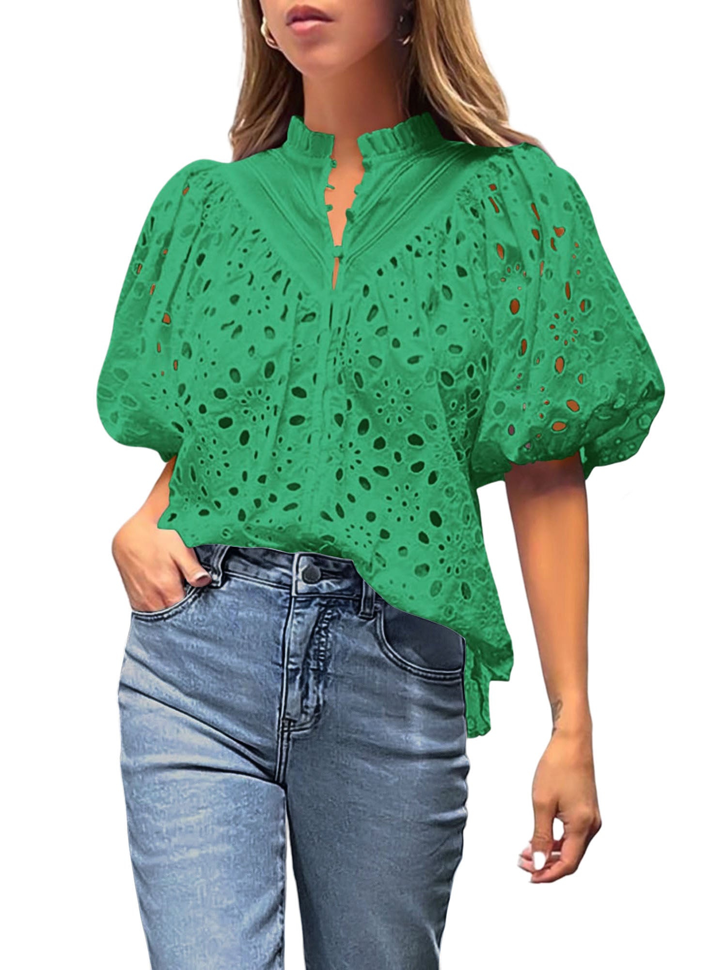 UVN Summer Blouses for Women Short Sleeve Shirts Ladies Hollow Out Lace Blouse V Neck Dressy Casual Tops