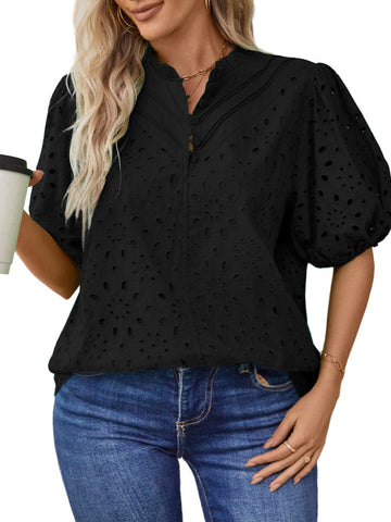 UVN Summer Blouses for Women Short Sleeve Shirts Ladies Hollow Out Lace Blouse V Neck Dressy Casual Tops