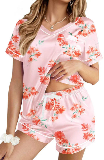 UVN Pajamas for Women Summer Short Sleeve Tops and Shorts Soft Satin Silk Pj Set Sleepwear Loungewear 2 Piece Outfit