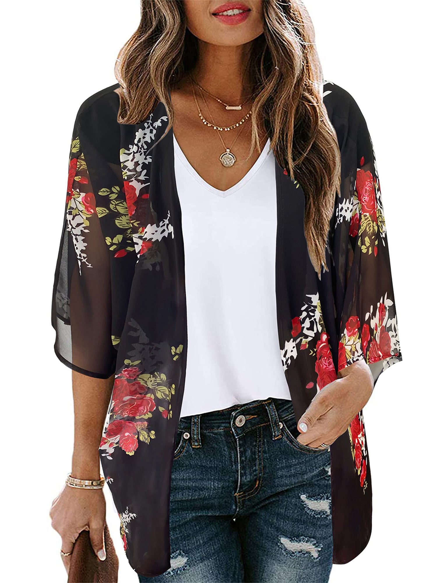 UVN Swimsuits Cover Ups for Women Print Kimono Plus Size Summer Tops Casual Blouse