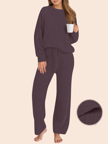 UVN Winter Pajama for Women Sweater Set Ladies Crewneck Tops and Long Pants Warm 2 Piece Loungewear