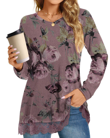 UVN Fall Tops for Women Long Sleeve Lace Trim V Neck Blouses Dressy Casual A Line Tunic Shirts