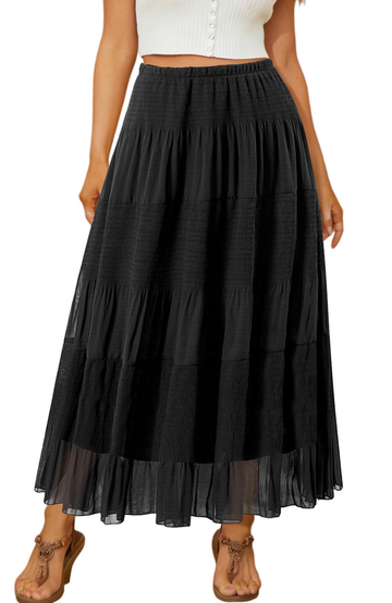 UVN Skirts for Women Summer Chiffon Pleated A-Line Long Skirt Elastic High Waist Swing Tiered Boho Beach Floral Print Maxi Skirts