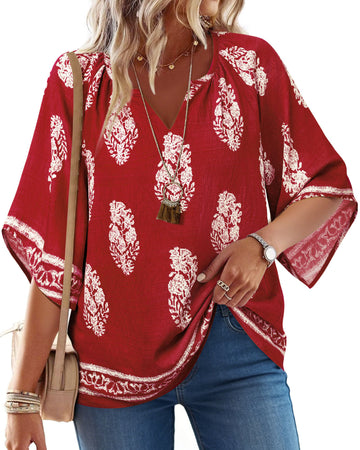 UVN Womens Summer Blouses Bohemian 3/4 Bell Sleeve Shirts for Women V Neck Flowy Casual Pleated Tops