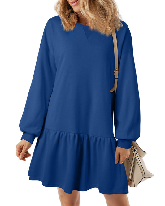UVN Fall Dresses for Women Winter Long Sleeve Crewneck Oversized Casual Pullover Patchwork Sweatshirt Dress