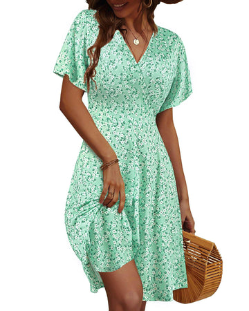 UVN Summer Dresses for Women Short Sleeve V Neck A-Line Midi Dress Boho Beach Floral Print Sundress