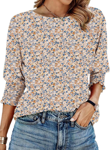 UVN Crewneck Blouse for Women Summer 3/4 Sleeve T-Shirts Casual Tees Ladies Loose Tops