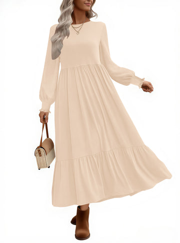 UVN Fall Long Dress for Women Crewneck Casual Long Sleeve Pleated Dresses with Pockets