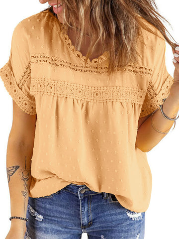 UVN Summer Womens Blouse Shirts Crewneck Lace Crochet Tops Short Sleeve Shirts Casual Chiffon Blouses