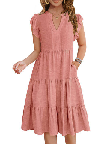 UVN Summer Dresses for Women Ruffle Sleeve V Neck Midi Dress Casual Beach Sundress with Pockets