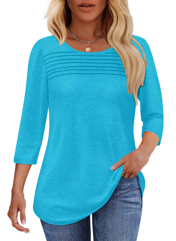UVN Women Tunic Tops Summer 3/4 Length Sleeve Blouses Casual Crewneck Shirt Pleated Loose Tops