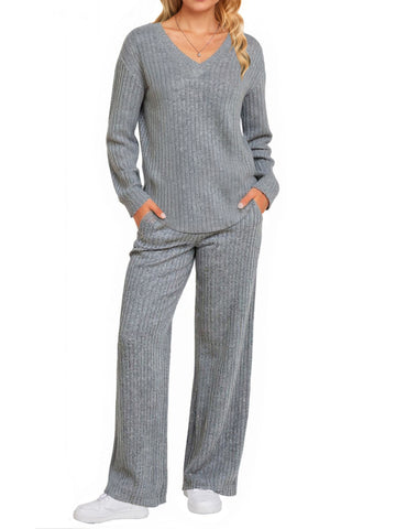 UVN Outfit Sets for Women Two Piece Sets Winter Casual Long Sleeve Tops and Long Pants Lounge Sets Ribbed Knit Pajama Sets with Pockets