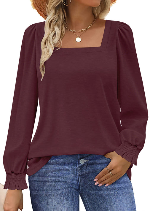 UVN Blouses for Women Square Neck Long Sleeve Shirts Dressy Casual Tunic Tops