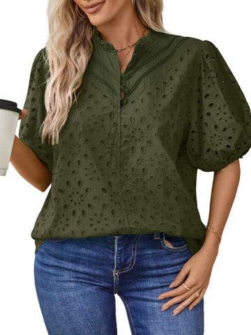 UVN Summer Blouses for Women Short Sleeve Shirts Ladies Hollow Out Lace Blouse V Neck Dressy Casual Tops