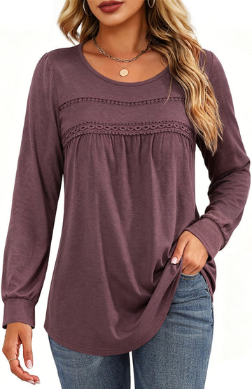 UVN Blouses for Women Long Sleeve Crochet Shirts Ladies Fall Casual Crew Neck Tunic Tops