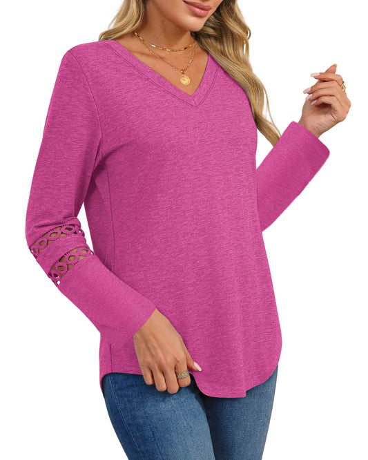 UVN Fall Blouses for Women Long Sleeve V Neck Tunic Tops Casual Hollow Out Curved Hem Dressy Shirts