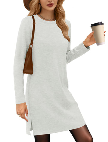 UVN Dresses for Women Fall Winter Long Sleeve Crewneck Casual Pullover Sweatshirt Dress with Side Split