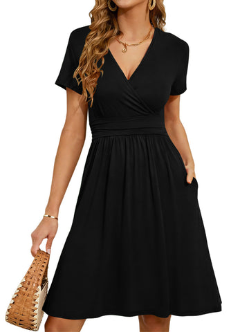 UVN Dresses for Women Deep V Neck Short Sleeve Summer Sundress Midi Party dress with Pocket