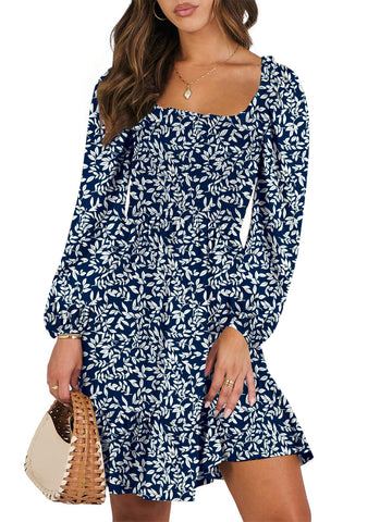 UVN Dresses for Women Casual Long Sleeve Square Neck Dress Ruffle Pleated Flowy Midi Dress