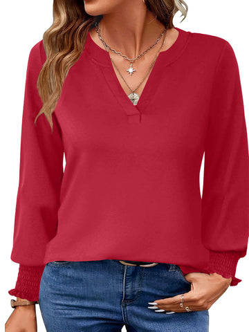 UVN Womens Fall Blouses Long Sleeve V neck Shirts Dressy Casual Smocked Cuffs Tunic Tops